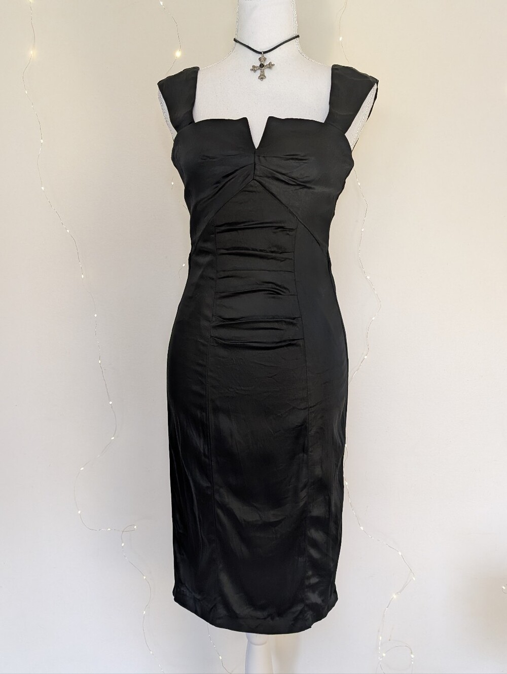 le chateau Black Satin Midi Sheath Dress
